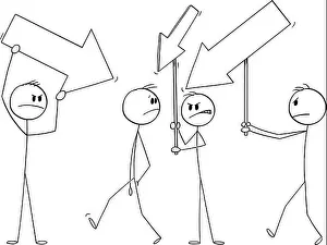 Stickman Prints: Angry team or crowd with arrows pointing at another person