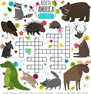 Raccoon Prints: Animals crossword. Kids words brainteaser with north america animal set