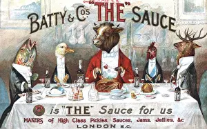 Leeds Prints: Animals sitting around a dining table using Batty's 'The Sauce' Victorian Advertising c1800