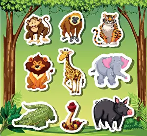 Crocodile Prints: Many animals sticket in jungle background