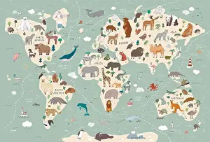 Continent Prints: Animals world map vector poster illustrations set