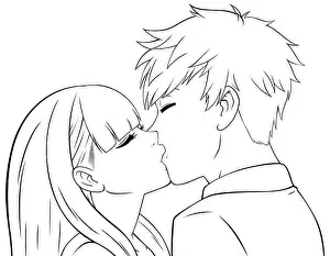 Flirt Prints: Anime Boy and Girl Kissing Line Art