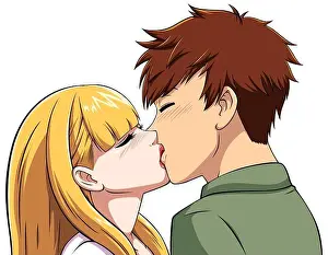 Flirt Prints: Anime Boy and Girl Kissing on White