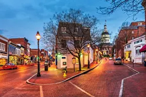Annapolis, Maryland, USA downtown cityscape on Main Street at twilight