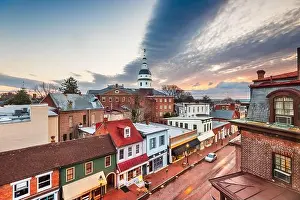 Statehouse Prints: Annapolis, Maryland, USA downtown view over Main Street with the State House at dawn