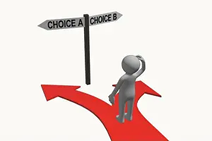 Dilemma Prints: Anonymous 3D character standing at a crossroads trying to make a decision / choice