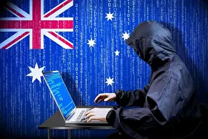 Hacker Prints: Anonymous hooded hacker, flag of Australia, binary code - cyber attack concept