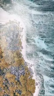 Anse Prints: Anse Source Argent, La Digue. Downward aerial view of tropical coastline and granite rocks