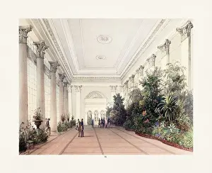 Antique 18th-century illustration: Winter gardens at Vienna's Imperial Palace Hofburg. This color lithograph depicts lush gardens, period-clad people
