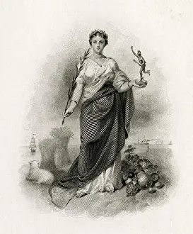 Poetic Prints: Antique c1870 steel engraving of lady Columbia representing the Return of Peace