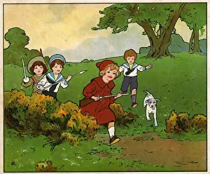 Chromolithograph Prints: Antique c1890 English children's book illustration, On the Warpath