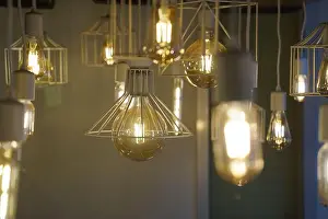 Chandelier Prints: Antique style light bulbs hanging from the ceiling