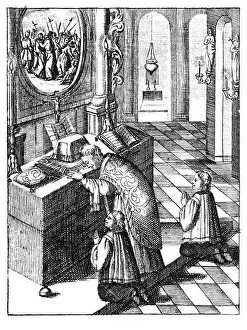 Knee Prints: Antique vintage religious engraving or drawing of praying priest and two altar boys in church celebrating mass