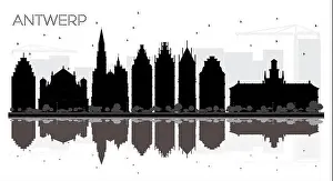 Antwerp Prints: Antwerp Belgium City skyline black and white silhouette with Reflections