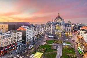 Antwerp, Belgium cityscape at Centraal Railway Station from night till dawn