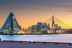 Aomori City, Japan downtown cityscape on Mutsu Bay at dusk