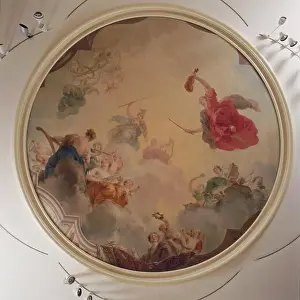 Apollo in the clouds with Minerva and the nine muses. Nederlands: Plafondschildering/ Schildering: Interieur, eerste verdieping, achterzijde (Zaal)