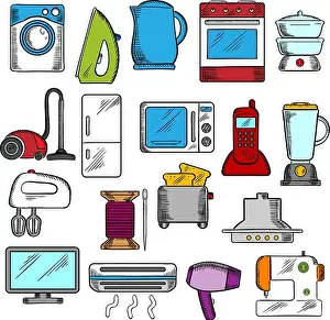 Cleaner Prints: Appliances icons set with microwave and vacuum