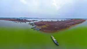 Paddle Boat Prints: April 16, 2023: panoramic view of Nom wharf in Phu Cuong commune