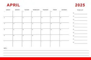 Monthly Planner Prints: April 2025 calendar. Monthly planner template. Sunday start. Vector design