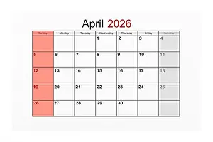 Calendar Date Prints: April 2026 Calendar page for 2026 year isolated on white, Save clipping path