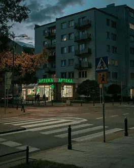 Intersection Prints: Apteka pharmacy sign at night in Powiśle, Warsaw, Poland