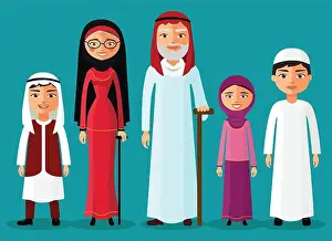 Grandma Prints: Arab Grandparents with grandchildren together in a flat style