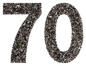 Isolate Prints: Arabic numeral 70, seventy, from black a natural charcoal, isolated on white background