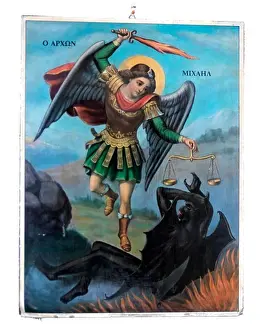 Archangel Prints: Arachova Attica Greece Icon Of Saint Michael The Archangel Slaying Satan Church Opposite Xani Toy Zemenoy Taverna