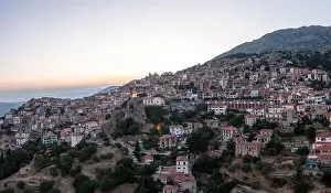 Arachova Greece mountain town aerial drone view in the evening