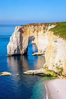 English Channel Prints: The arch of the Manneporte cliff and the Valaine beach in Etretat