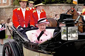 North Yorkshire Prints: Archive photo of HRH Queen Elizabeth II wearing a pale pink outfit arriving at Royal Ascot held at York Racecourse in a