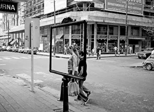 ARG 253 Mar Del Plata 1973 shopping street scene with people walking by and many cars