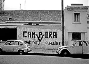 Dictator Prints: ARG 256B Mar Del Plata Argentina 1973 Campora Presidente presidential campaign wall painting passers by