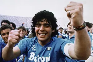 Diego Prints: Argentine soccer superstar Diego Armando Maradona cheers after the Napoli team clinches its first Italian major league