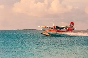 Ari Atoll, Maldives - 05.05.2018: Luxury summer travel destination with seaplane in Maldives islands. Exotic vacation holiday transportation, Maldives