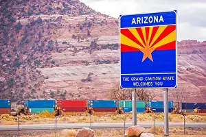 Enter Prints: Arizona State Entrance Sign, Highway and the Railroad