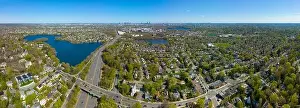 Art Building Prints: Arlington Heights suburban landscape panoramic aerial view in spring with Spy Pond