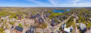 Arlington historic town center aerial view panorama on Massachusetts Avenue at Mystic Street