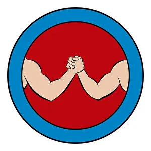 Confrontation Prints: Arm wrestling logo. Round pictogram with red center and blue frame