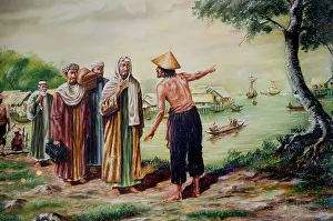 Malaysian Prints: The arrival of Sheikh Shamsuddin in Kampung Air Brunei 1450 to convert the king of Brunei to Islam Malacca Malaysia