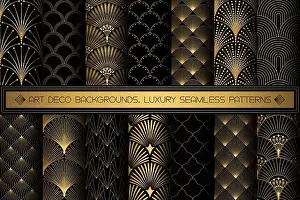 Nouveau Prints: Art Deco Patterns. Seamless black and gold backgrounds