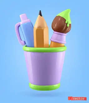 Art icon 3d cartoon vector object. Pen, pencil and brush in a glass