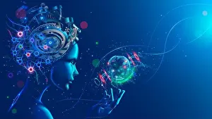Things Prints: Artificial intelligence in image of cyborg girl with electronic brain