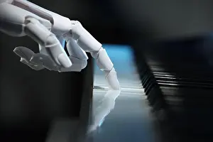 Robotic Prints: Artificial intelligence. Robot hand playing piano on dark background, closeup