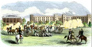 Us Army Prints: Artillery practice at the US Military Academy West Point 1850s. Hand-colored woodcut