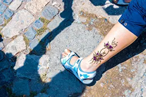 African Culture Prints: Artist applying henna tattoo on women in the streets of Marrakech, Morocco, Africa