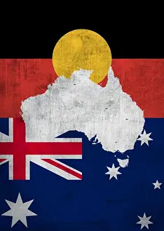 Aboriginal Prints: Artistic Australia map territory with aboriginal flag and australian flag
