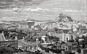 Ancient Book Prints: Artistic recreation landscape panoramic view of Athens