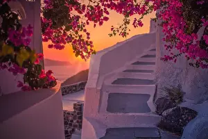 Artistic travel scene. Fantastic sunset landscape of romantic travel and vacation couple destination. Luxury summer adventure concept. Wonderful view